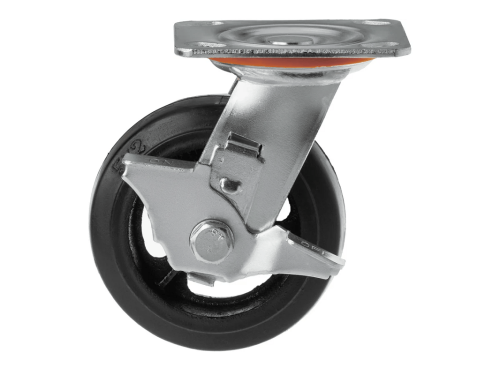 Колесо чугунное большегрузное с поворотной площадкой и тормозом и литым резиновым слоем SCDB 55 (125 мм/160 кг)