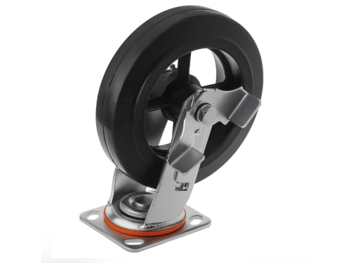 Колесо чугунное большегрузное с поворотной площадкой и тормозом и литым резиновым слоем SCDB 80 (200 мм/280 кг)