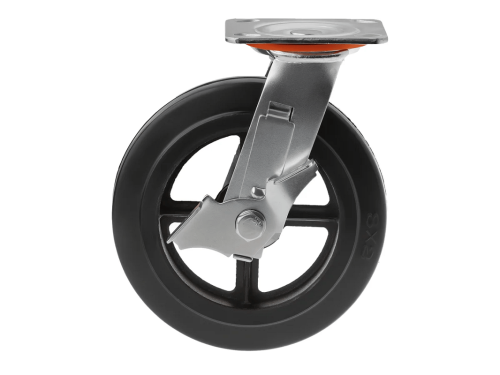 Колесо чугунное большегрузное с поворотной площадкой и тормозом и литым резиновым слоем SCDB 85 (250 мм/350 кг)