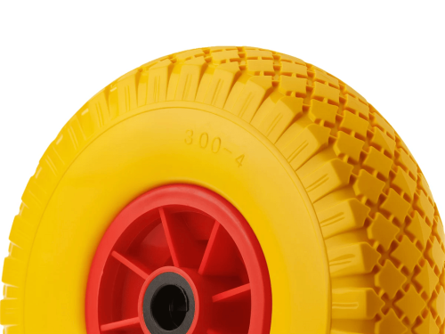 Колесо пенополиуретановое 3.00-4 с симметричной ступицей, пластиковым ободом и роликовым подшипником, ось 20 мм PU 1807-20 (260 мм/120 кг)