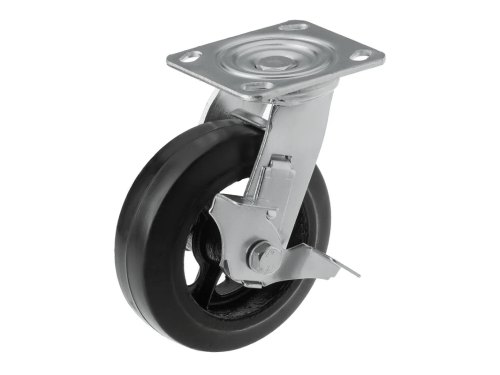 Колесо чугунное большегрузное с поворотной площадкой и тормозом и литым резиновым слоем SCDB 63 (150 мм/230 кг)