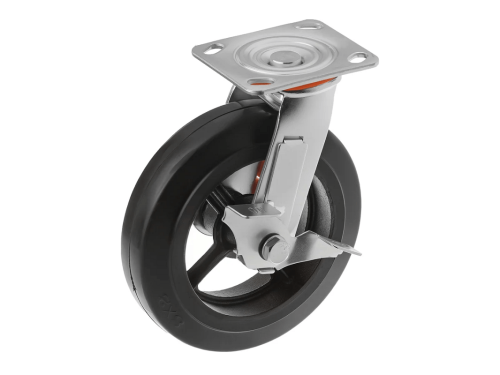 Колесо чугунное большегрузное с поворотной площадкой и тормозом и литым резиновым слоем SCDB 80 (200 мм/280 кг)